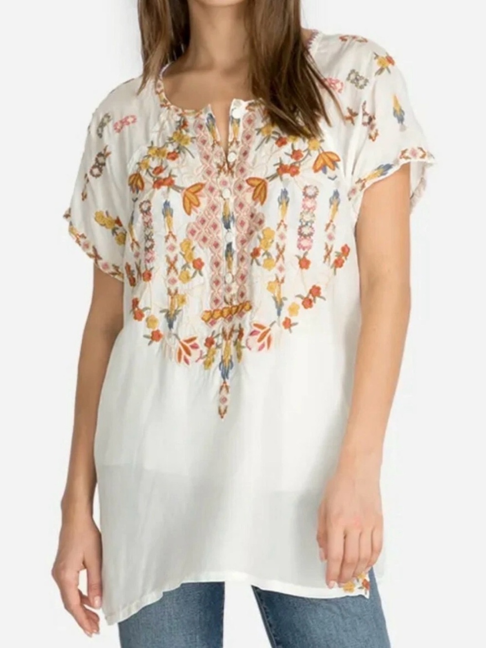 Johnny Was White Embroidered Primavera Tunic Blouse Large Floral Aztec Pink Rust